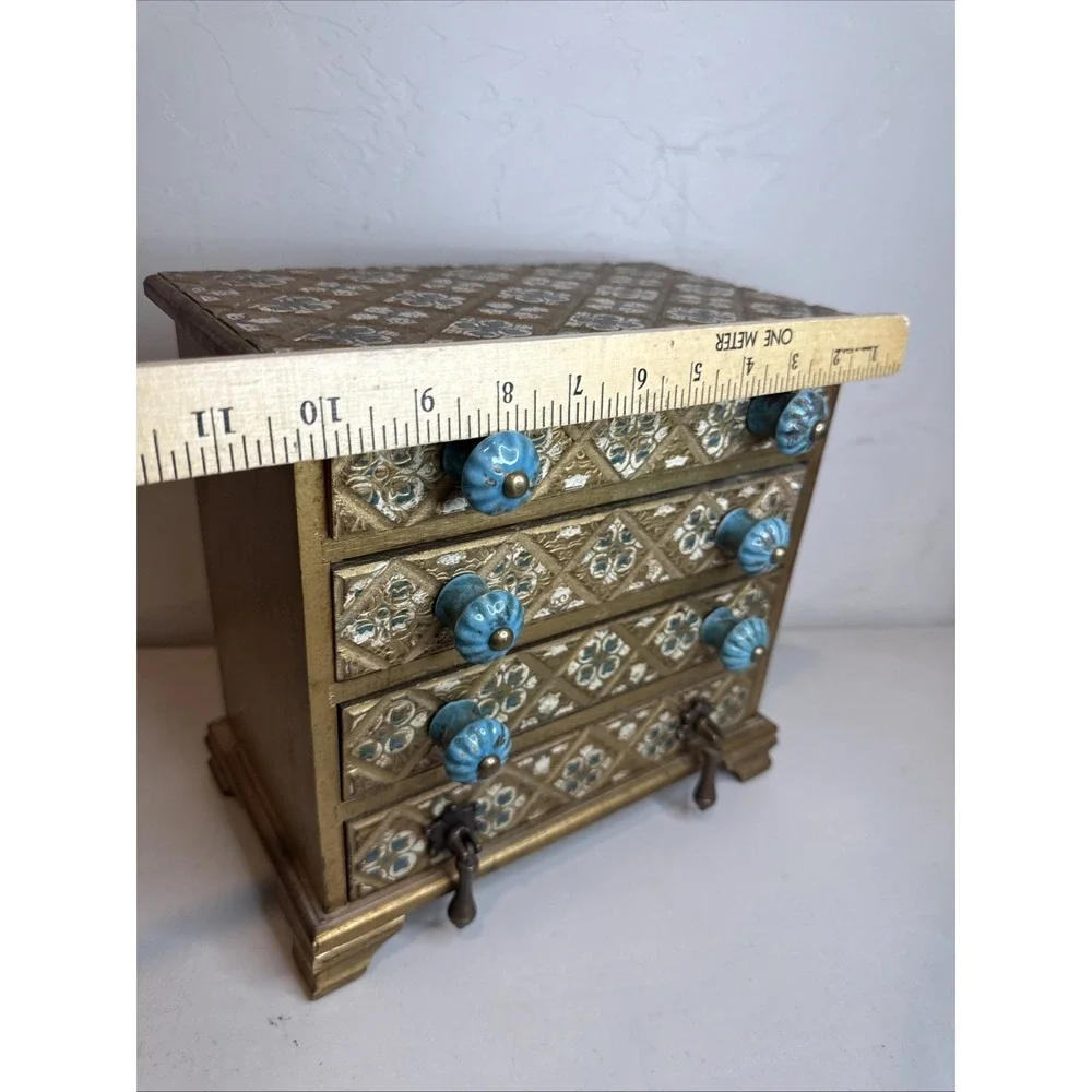 VTG Florentine Style Wooden Jewelry chest 4 Drawer Design Estate Ceramic Knobs